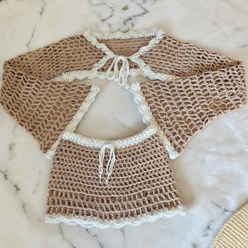 Handmade Crochet Festival Set, Bell Sleeve Front Tie Shrug & Mini Skirt, Taupe - Picture 13 of 14